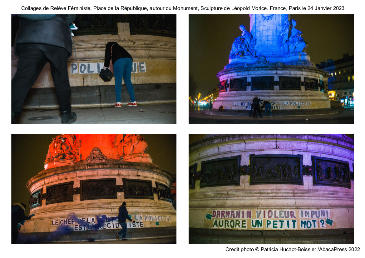 Collages de Reléve Féministe, Place de la République, autour du Monument, Sculpture de Léopold Morice. France, Paris le 24 Janvier 2023