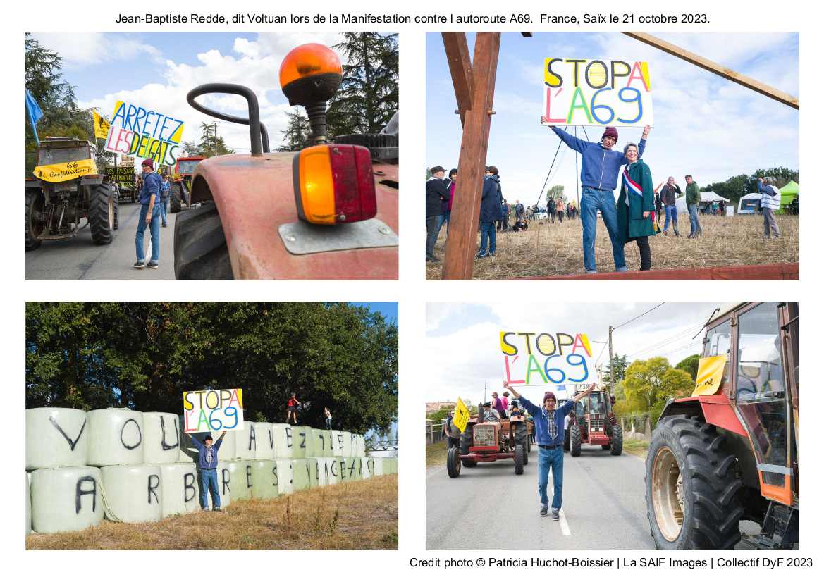 Jean-Baptiste Redde, dit Voltuan lors de la Manifestation contre l autoroute A69.  France, Saïx le 21 octobre 2023