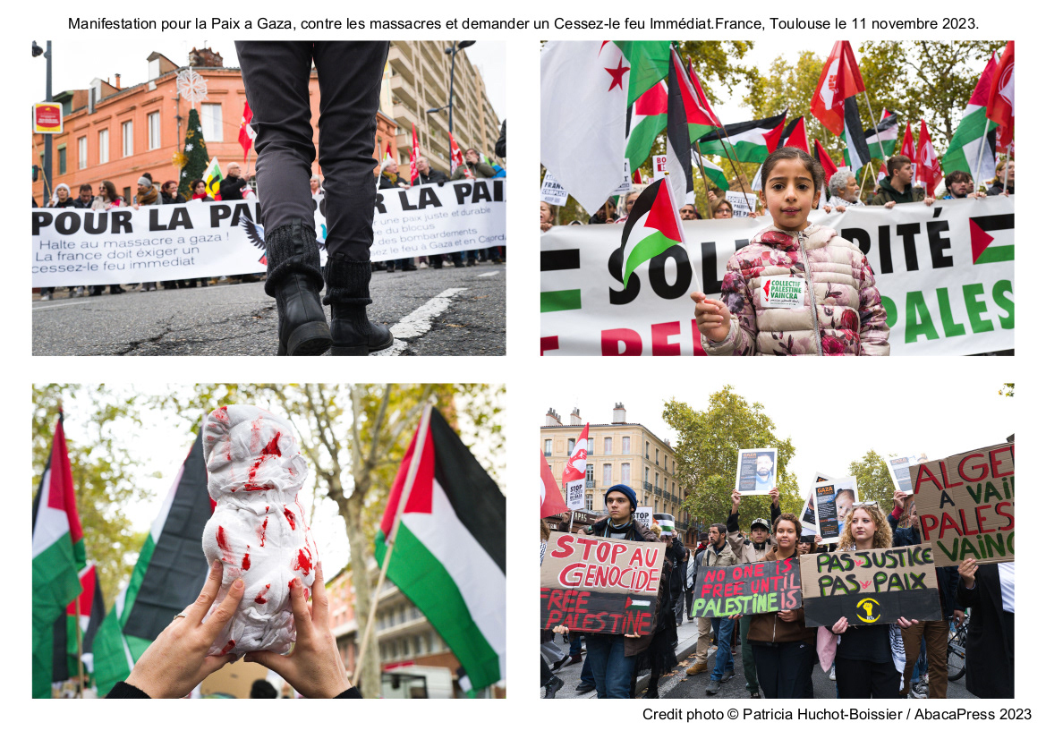 Manifestation pour la Paix a Gaza, contre les massacres et demander un Cessez-le feu Immédiat.France, Toulouse le 11 novembre 2023