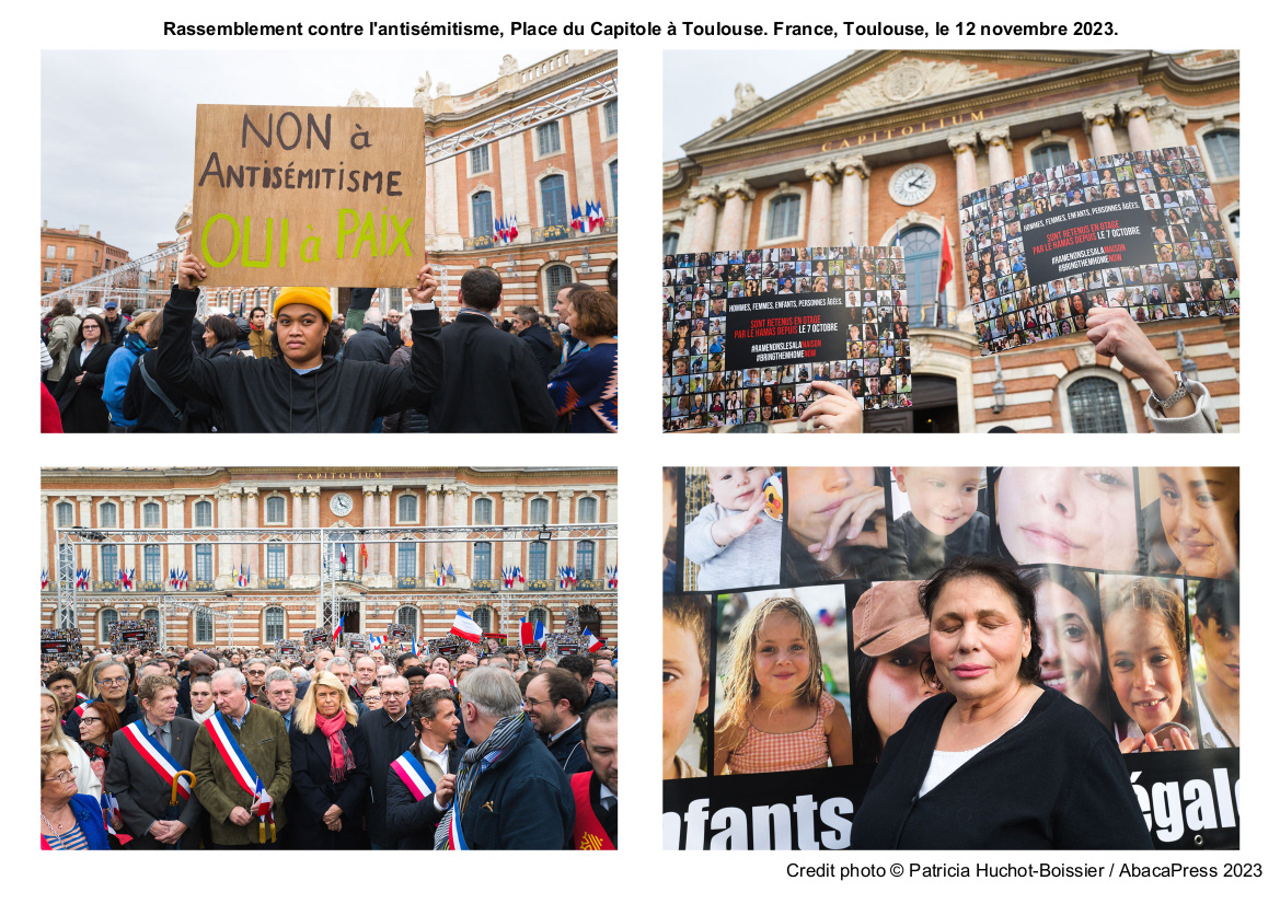 Rassemblement contre l'antisémitisme, Place du Capitole à Toulouse. France, Toulouse, le 12 novembre 2023