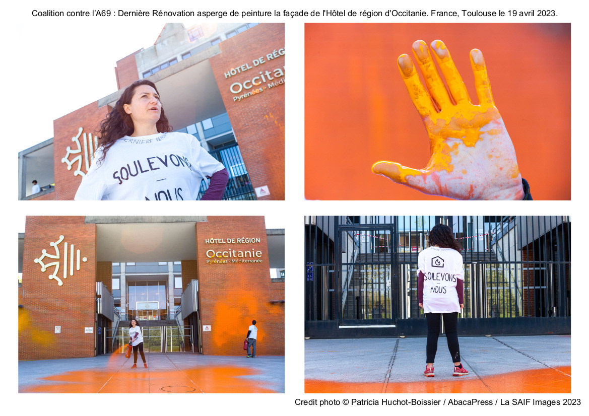 Coalition contre l’A69 - Dernière Rénovation asperge de peinture la façade de l'Hôtel de région d'Occitanie. France, Toulouse le 19 avril 2023