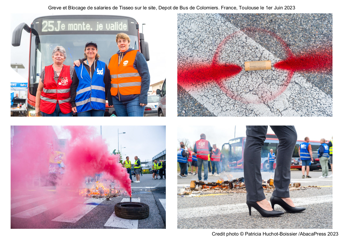 Greve et Blocage de salaries de Tisseo sur le site, Depot de Bus de Colomiers. France, Toulouse le 1er Juin 2023