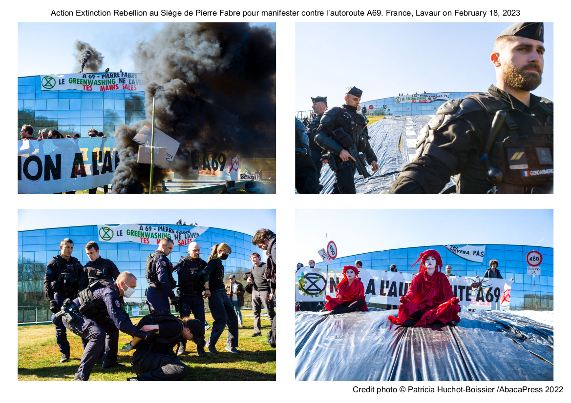 Action Extinction Rebellion au Siège de Pierre Fabre pour manifester contre l’autoroute A69. France, Lavaur on February 18, 2023