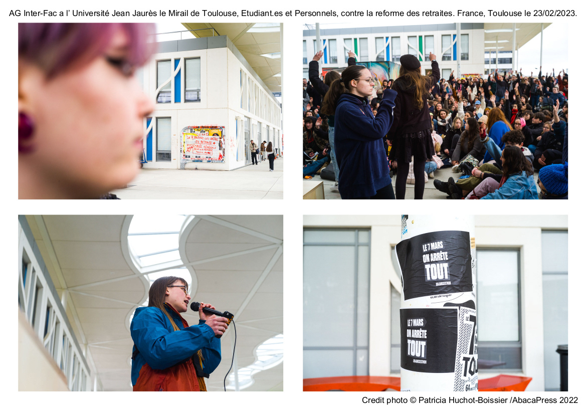 AG Inter-Fac a l’ Université Jean Jaurès le Mirail de Toulouse, Etudiant.es et Personnels, contre la reforme des retraites. France, Toulouse le 23/02/2023