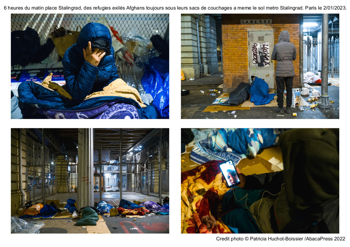 6 heures du matin place Stalingrad, des refugies exilés Afghans toujours sous leurs sacs de couchages a meme le sol metro Stalingrad. Paris le 2/01/2023