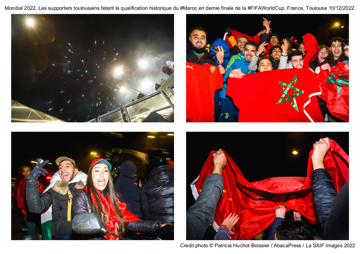 Mondial 2022, Les supporters toulousains fetent la qualification historique du #Maroc en demie finale de la #FIFAWorldCup. France, Toulouse 10/12/2022