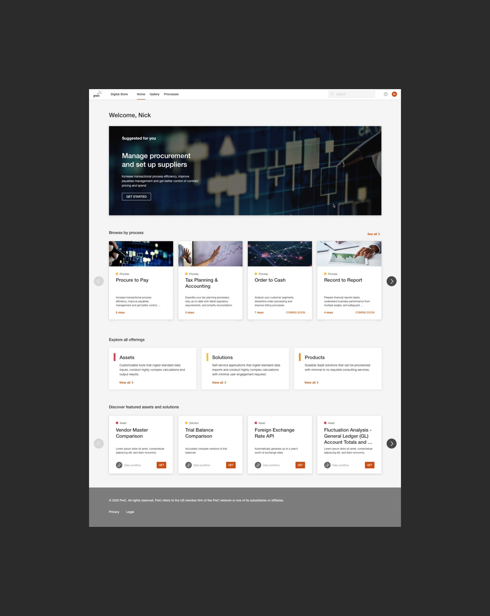 Logged in homepage with featured processes, an overview of offerings and featured inventory (MVP)
