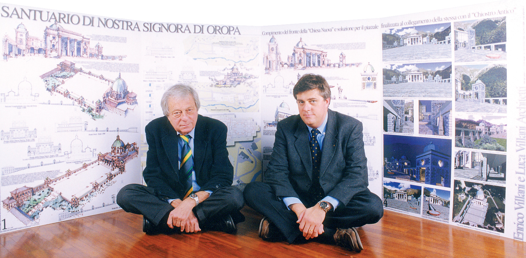 Enrico e Luca Villani: alle loro spalle il Progetto vincitore del Concorso per il Santuario di Oropa - 1999