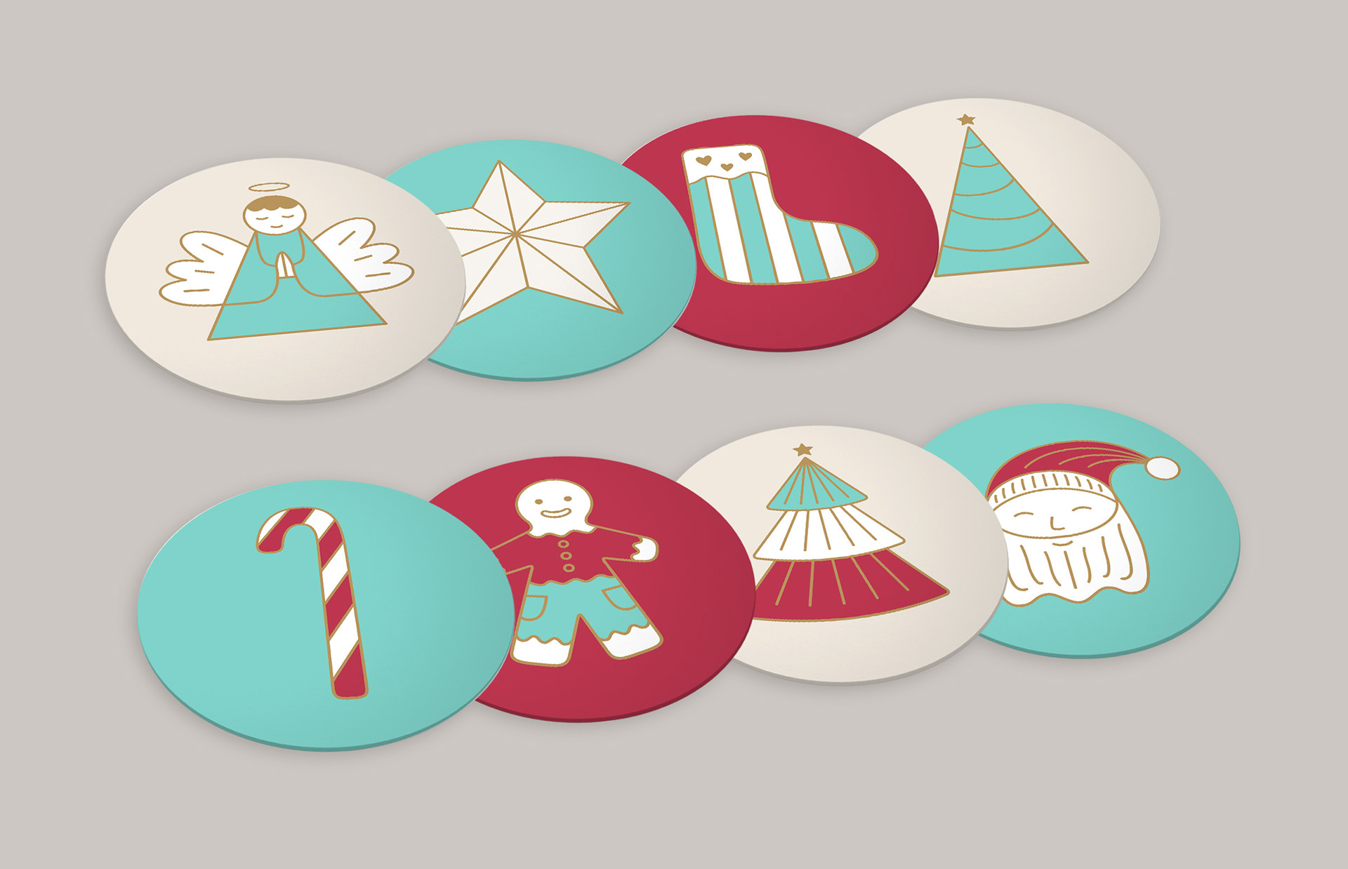 Set of eight Christmas icons: angel, star, stocking, tree, candy, gingerbread man, santa claus