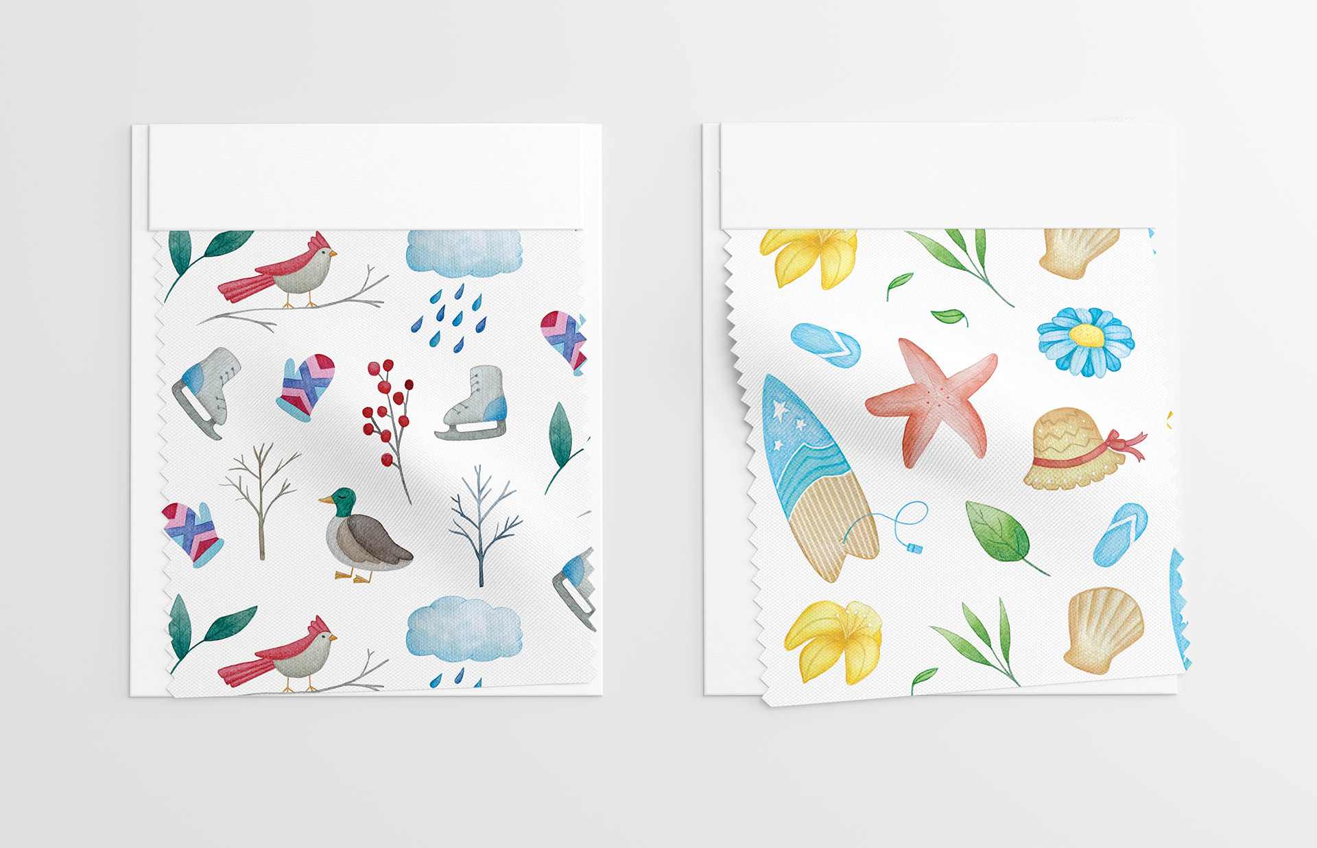 Winter and summer pattern fabric swatches