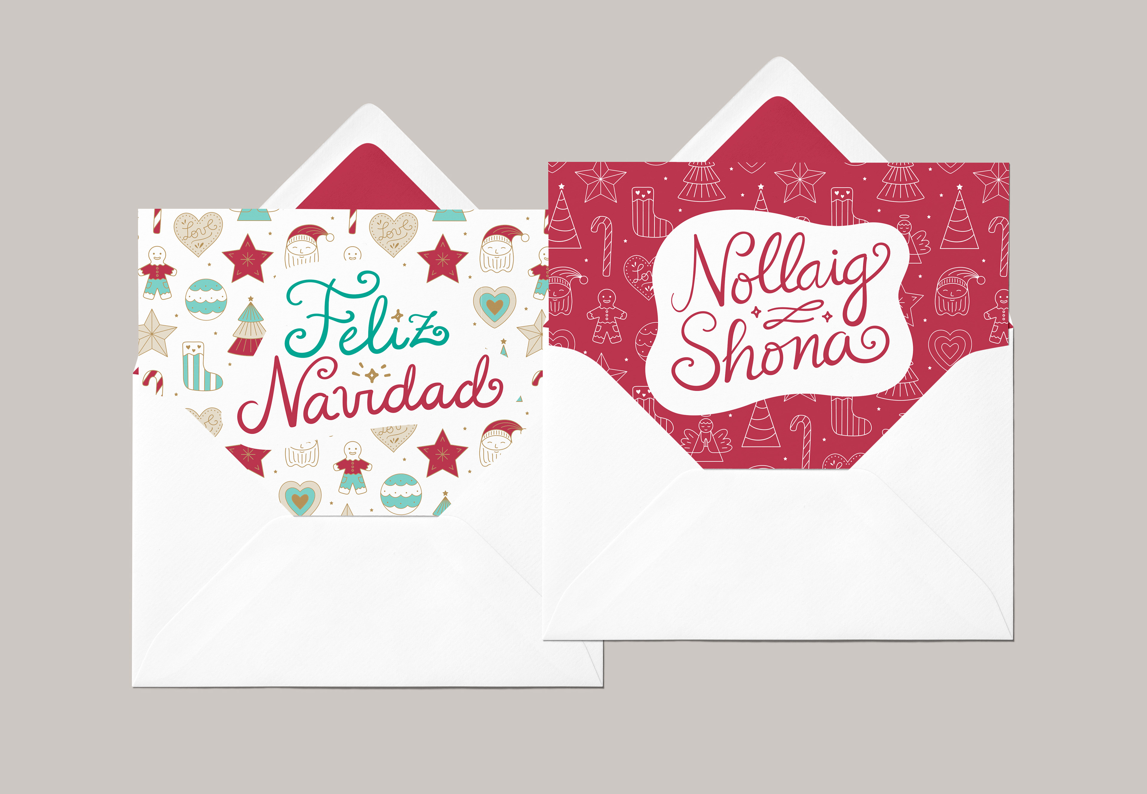 Illustrated Christmas cards with greetings in Spanish (Feliz Navidad), and Irish (Nollaig Shona)