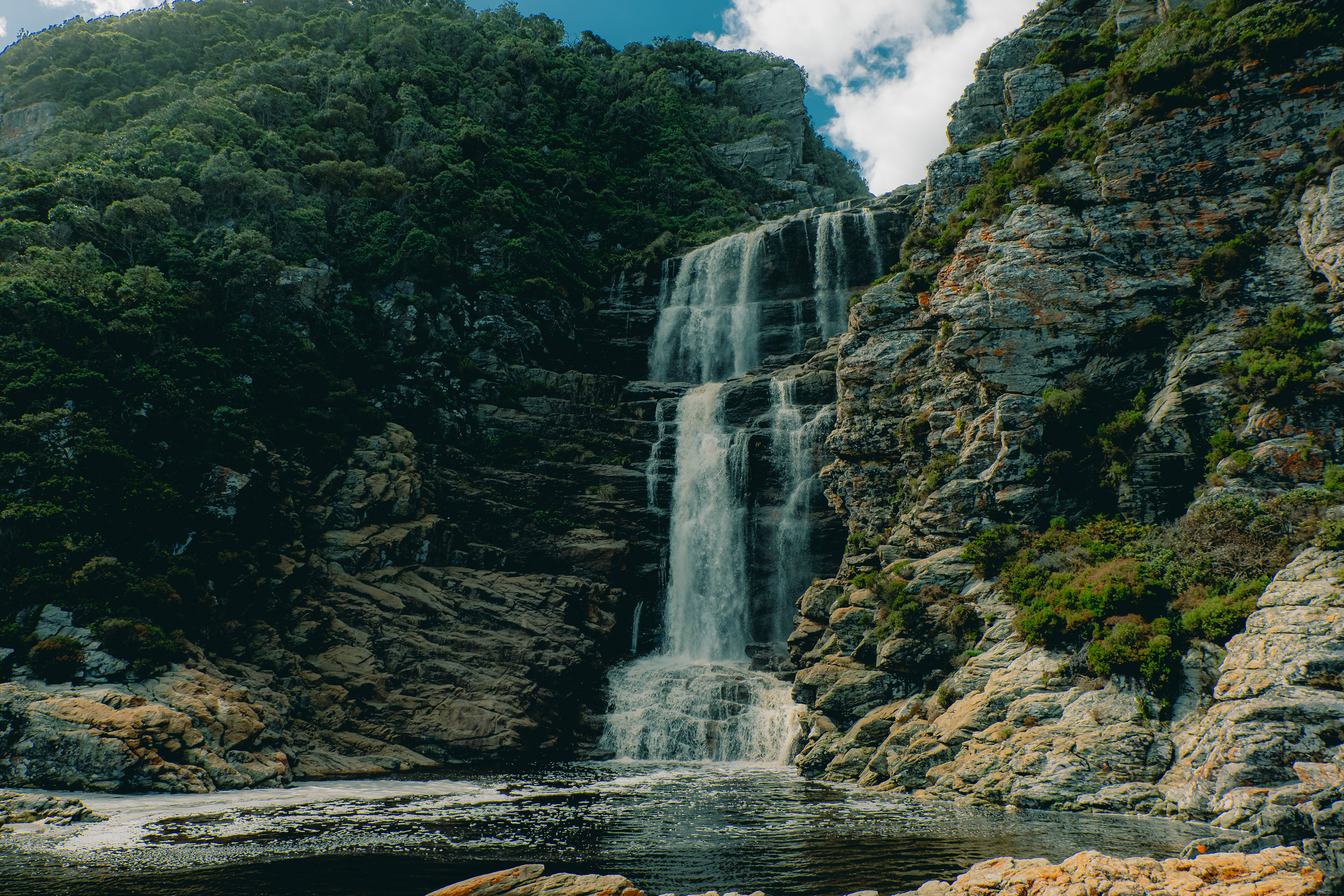 Beautiful green waterfall, Tsitsikamma Park, South Africa 2023