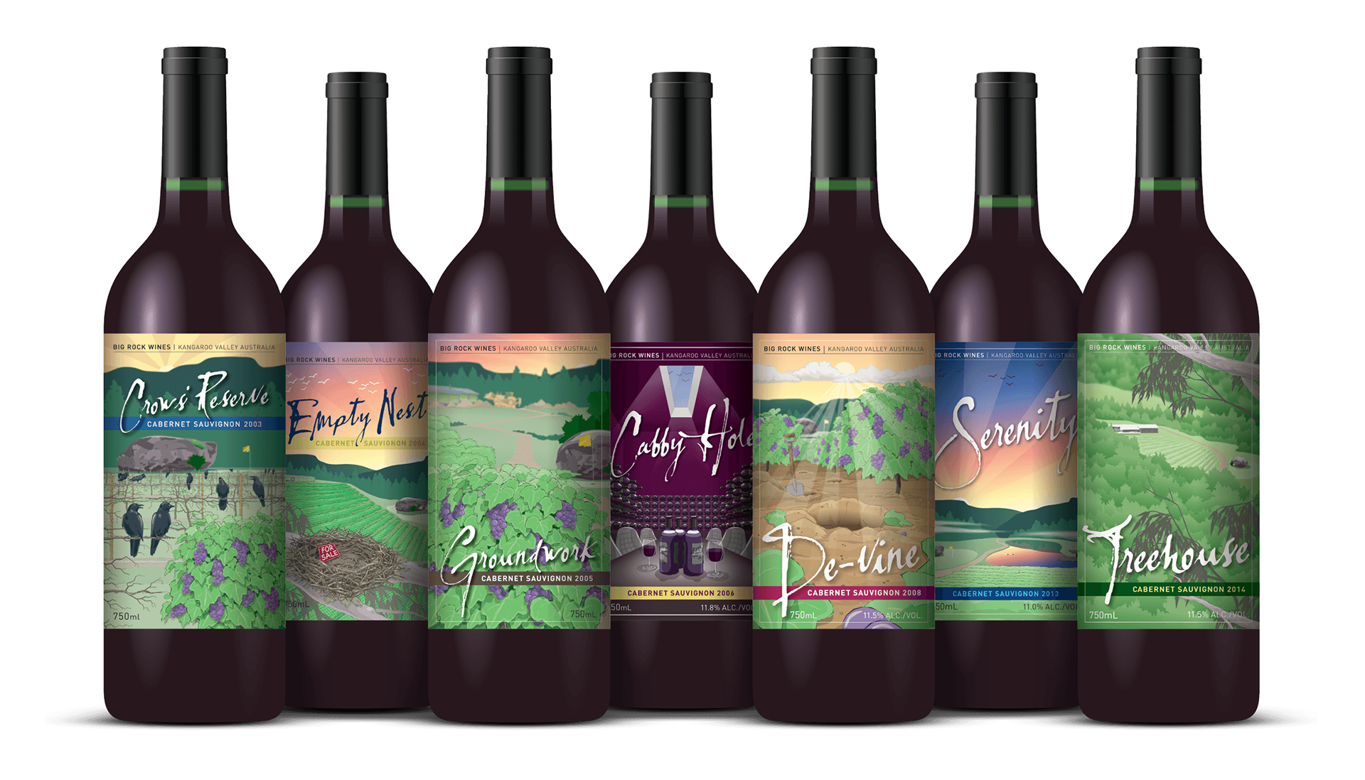 All seven bottles side-by-side showing the seven wine label designs.