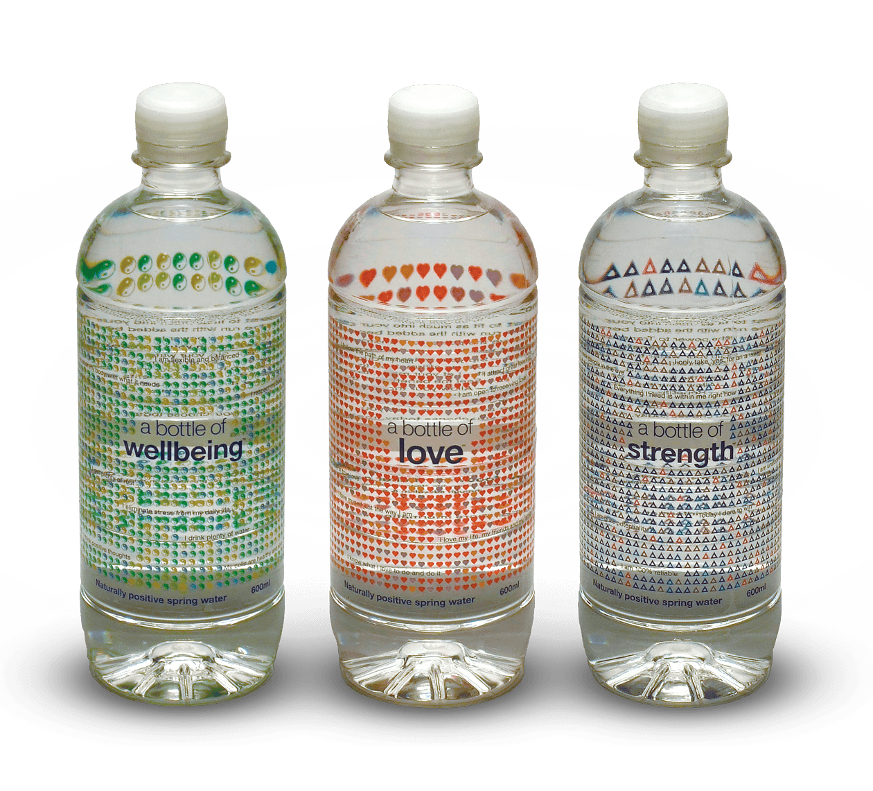 Photograph of the three water bottles, side-by-side, showing the water label designs.