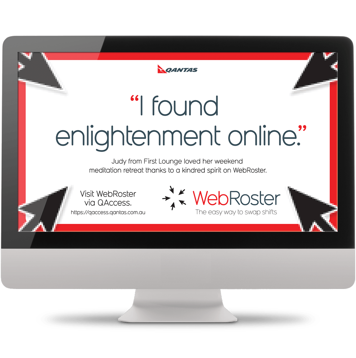 Digital poster design shown in situ on the screen of an iMac with the headline: "I found enlightenment online".