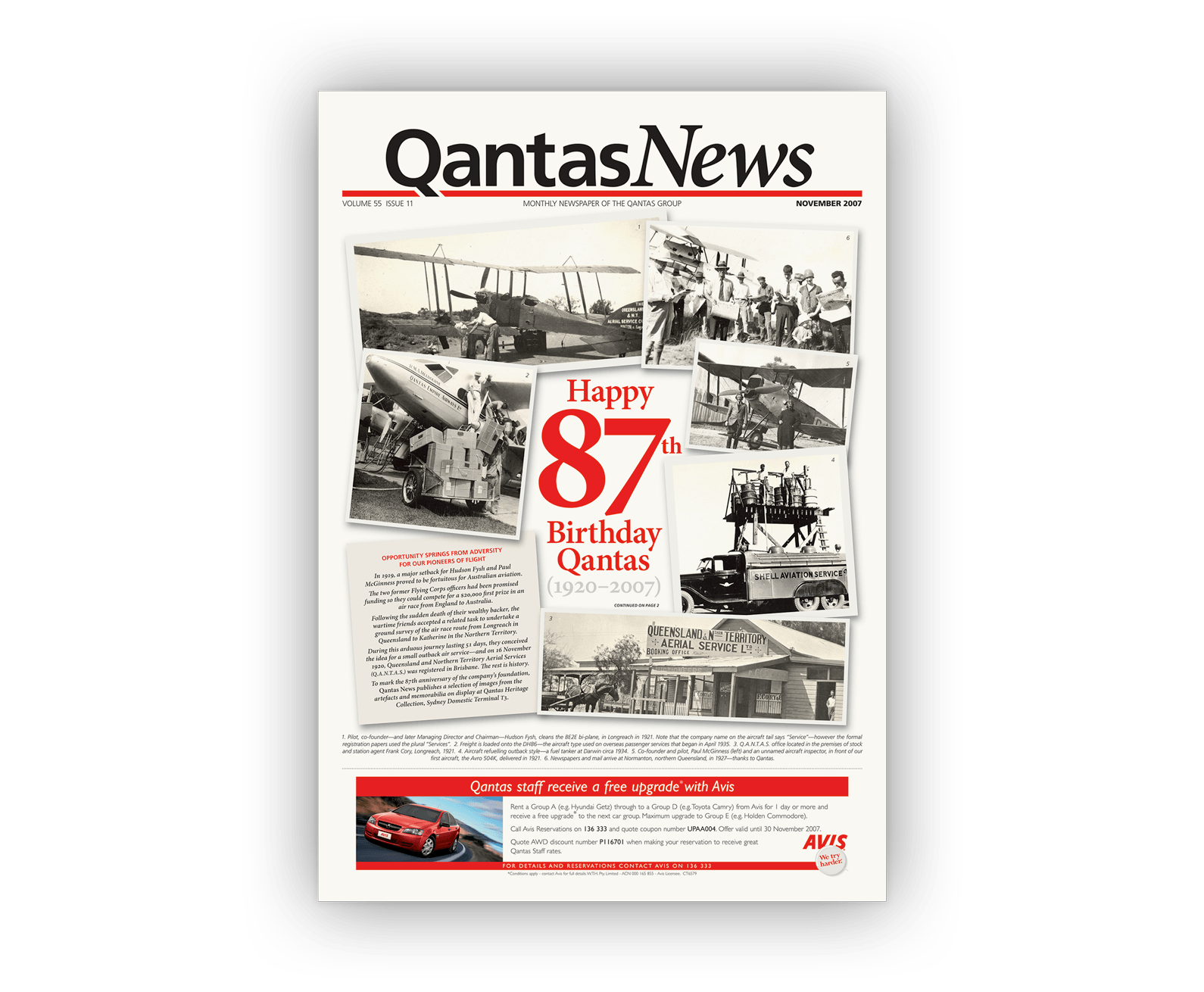 One of the newspaper's cover designs celebrating Qantas's 87th year in operation and showing a montage of historic black-and-white photos from Qantas's aviation history.