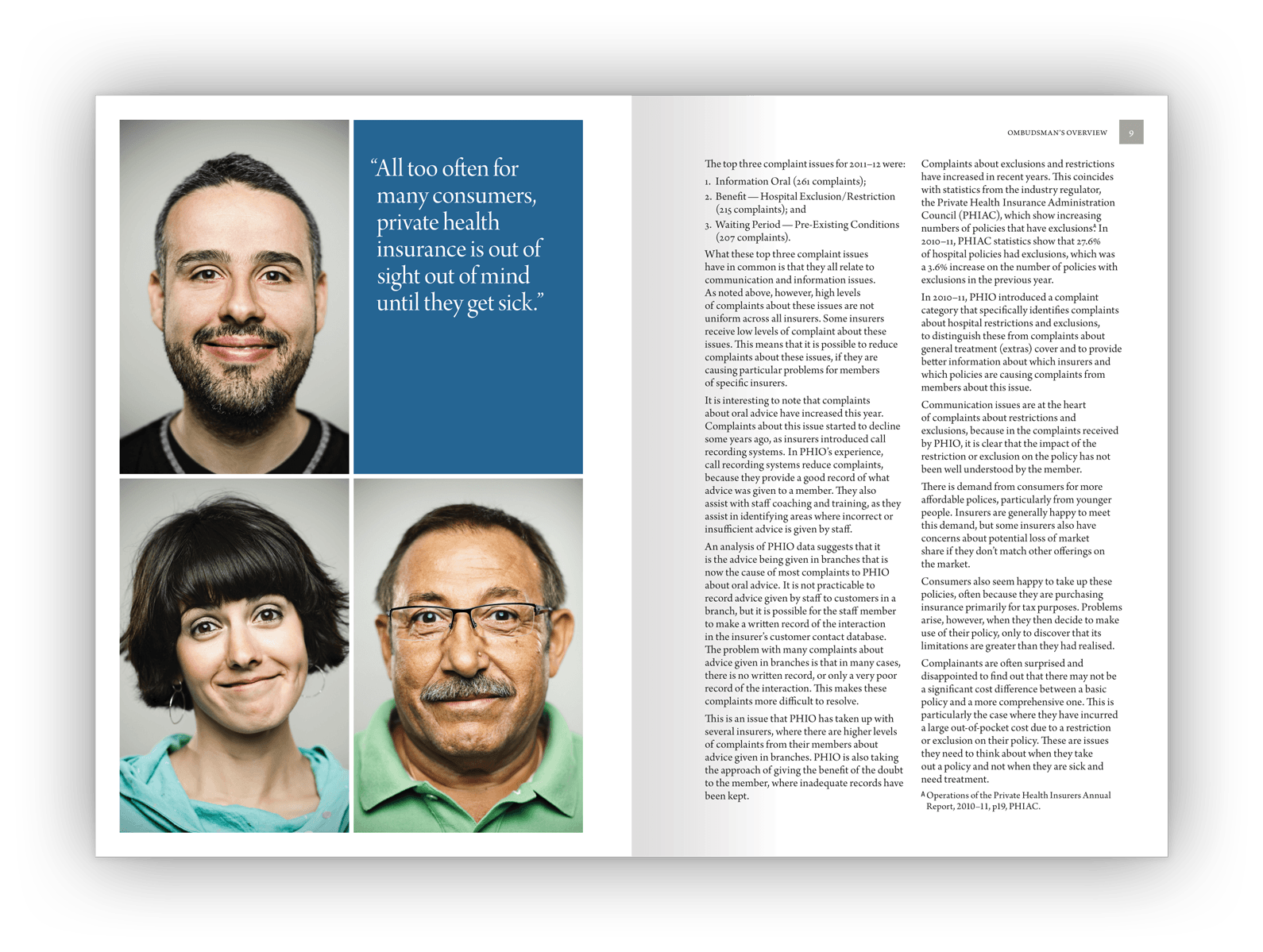 Double-page layout design showing a page with three large portraits and a pull-out quote from the text page opposite.