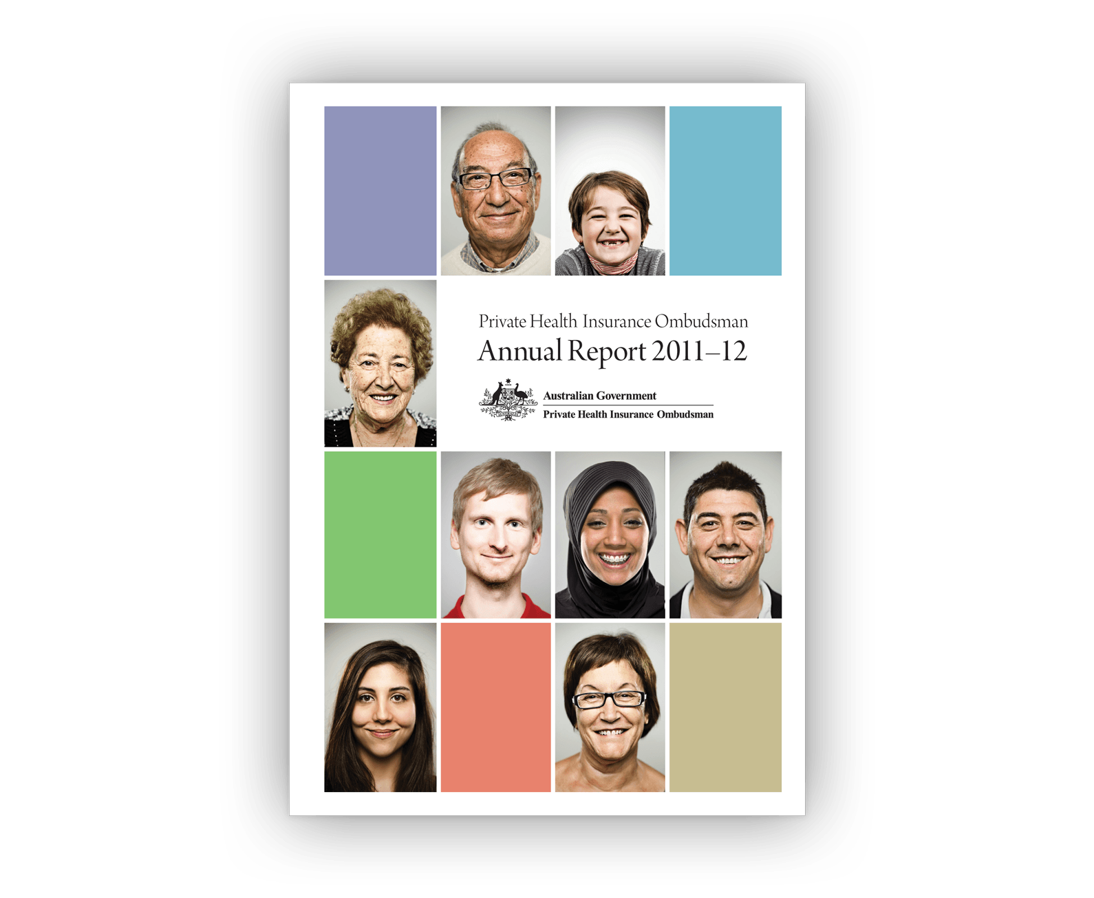 The annual report's cover design — a four-by-four grid containing consumer portraits and areas of colour.