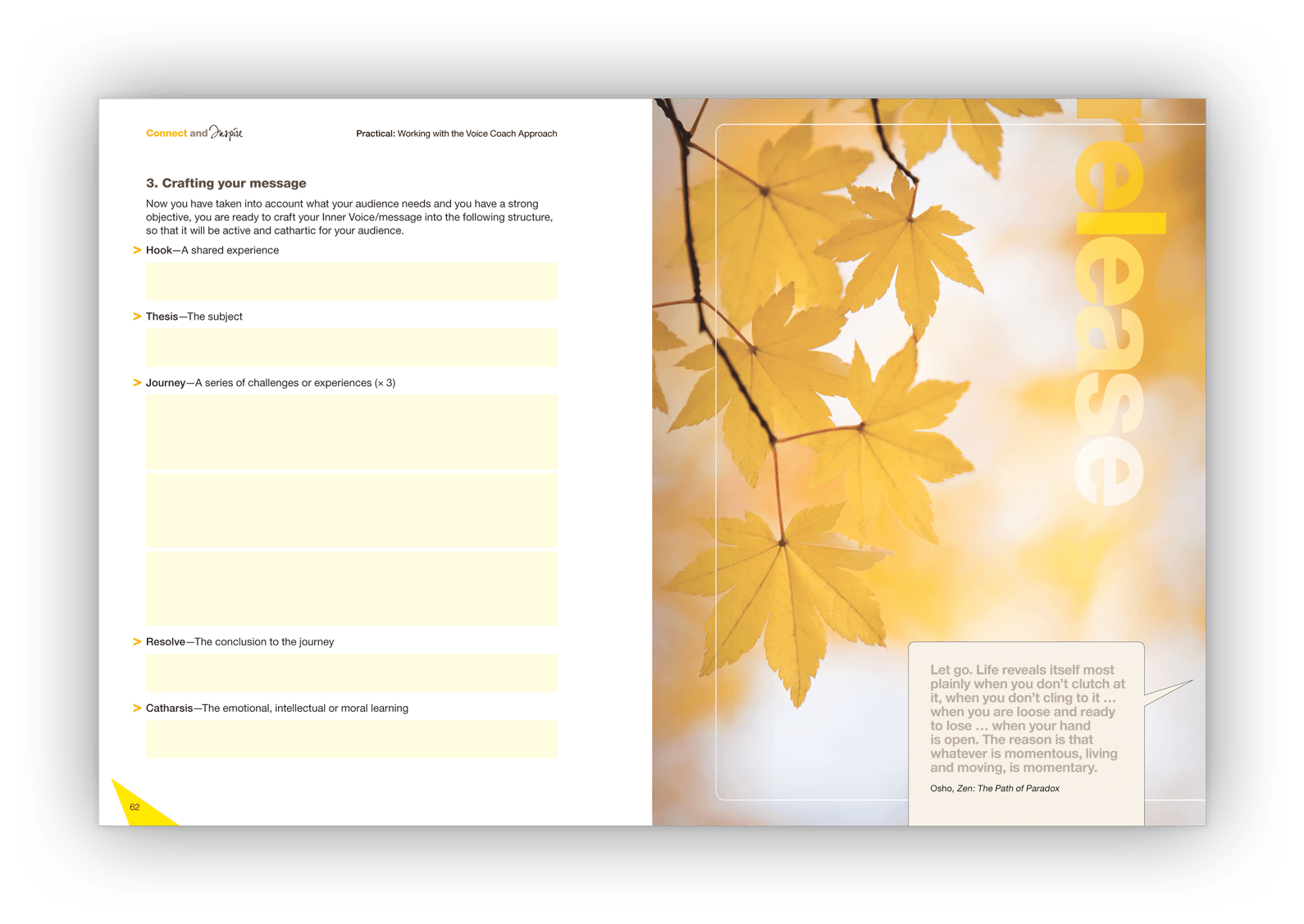 Double-page layout design showing a feature image of Autumn leaves.