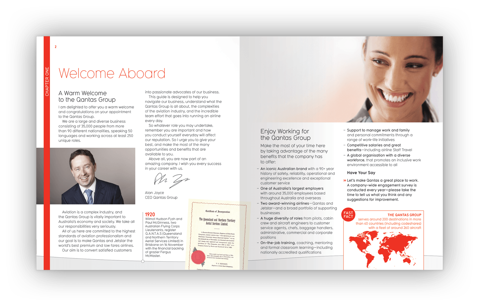 Double-page layout design for the Welcome Aboard message from CEO Alan Joyce.