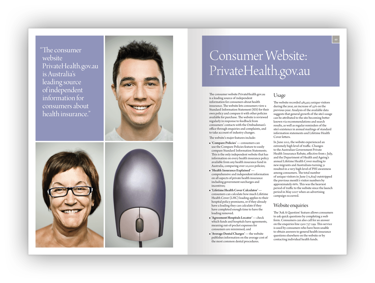 Double-page layout design that makes a tongue-in-cheek visual link between the shape of a human head and the rounded form of a computer mouse.