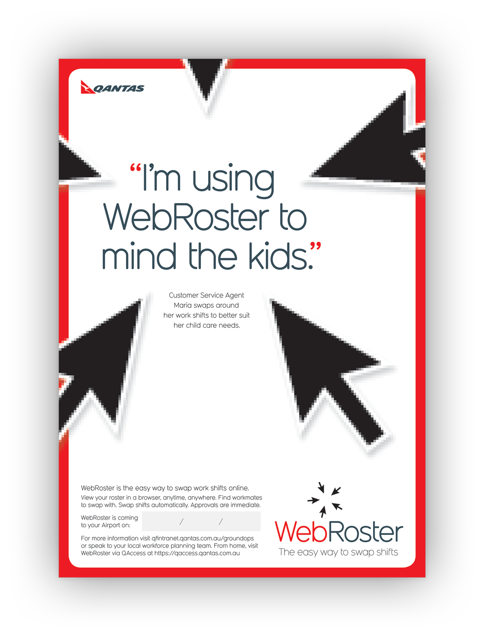 Printed poster design with the headline: "I'm using WebRoster to mind the kids".