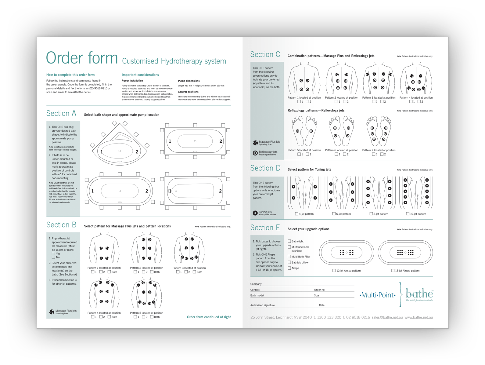 Double-page layout design of order form showing various bath shapes and options for hydrotherapy jet locations.