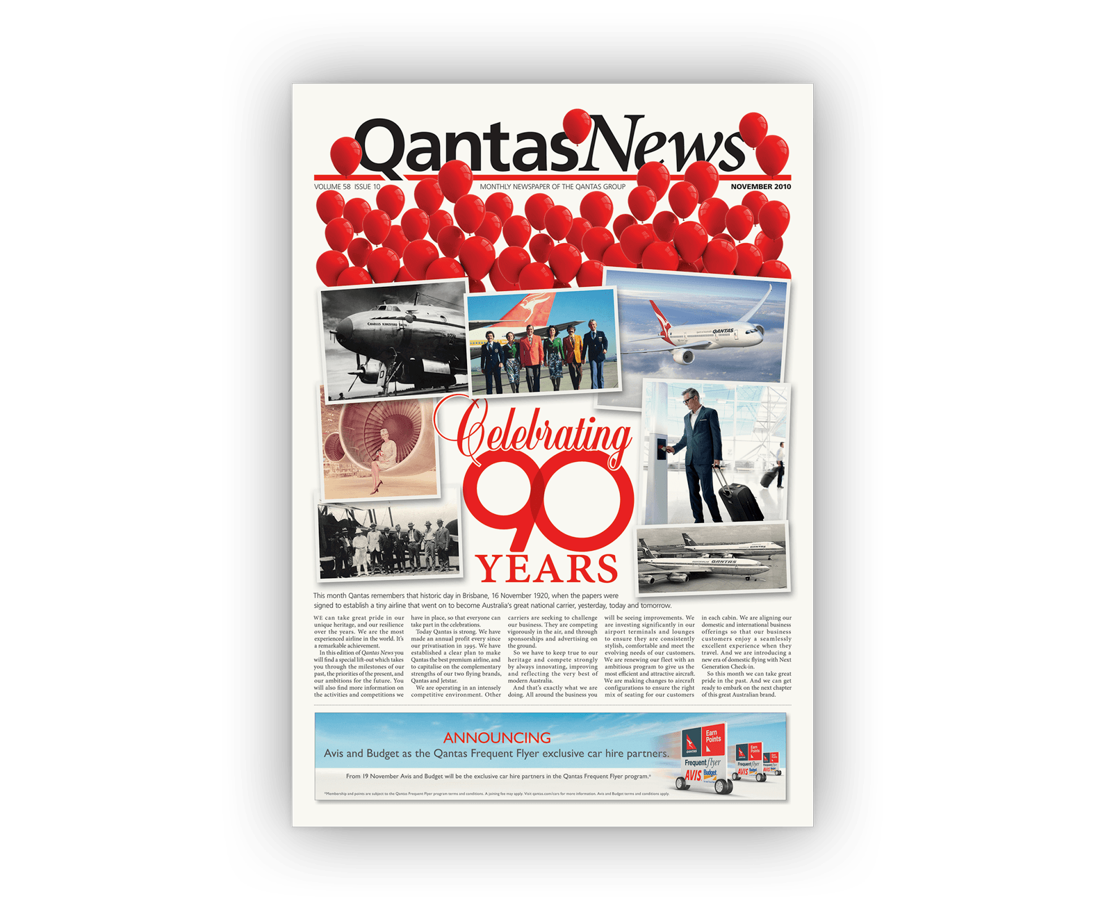 One of the newspaper's cover designs celebrating Qantas's 90th year in operation showing dozens of red balloons bursting out of the page and over the masthead.