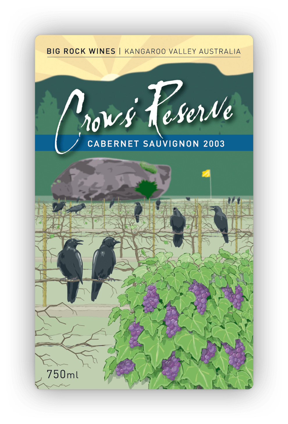 Front label design showing crows perched atop s barren vineyard, with only a single sprouting vine left.