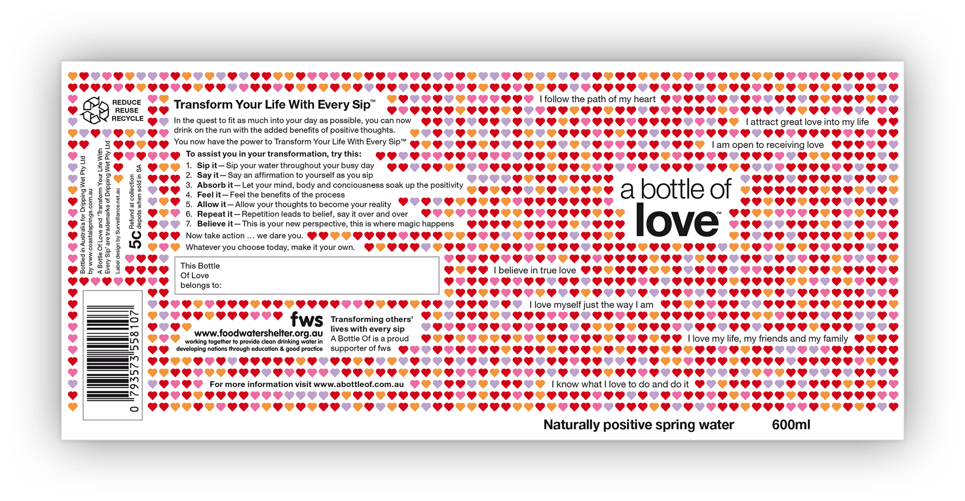 The flattened artwork of A Bottle Of Love showing front and back details.