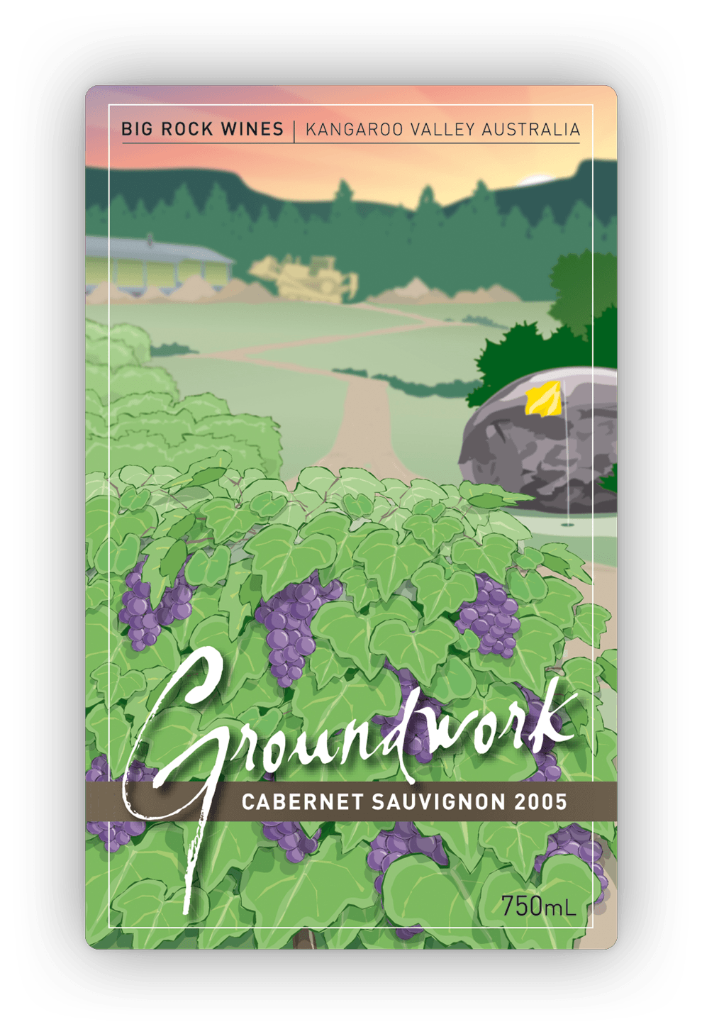 Front label design showing a lush vineyard in the foreground and earth-moving equipment and piles of dirt in the background.