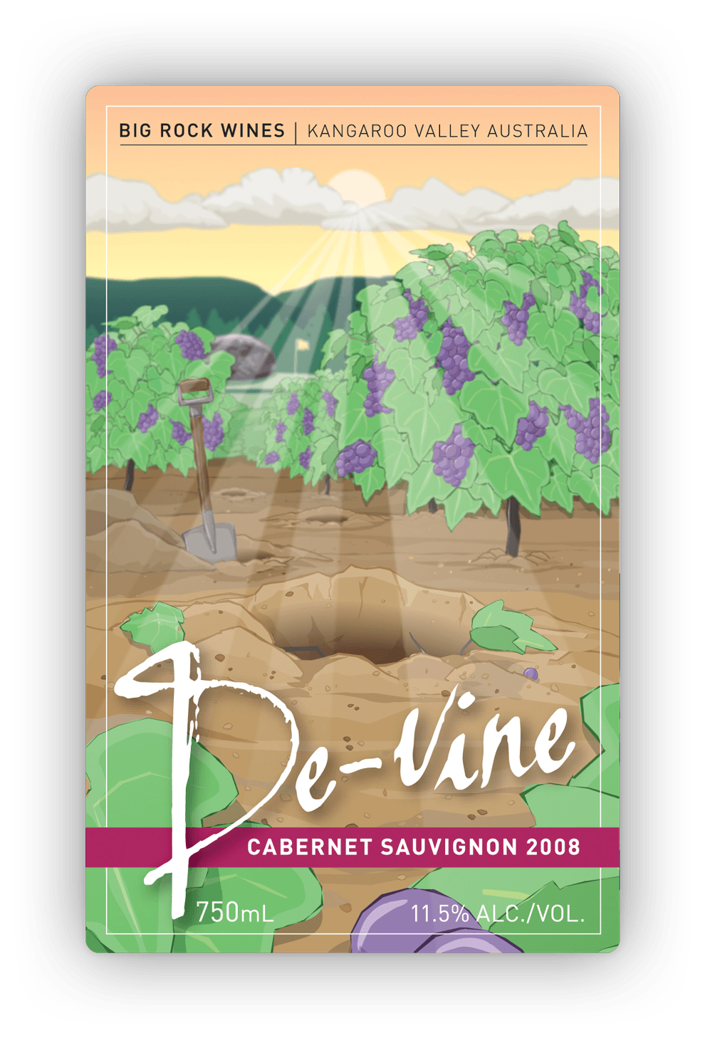 Front label design showing a shovel, next to a hole in the ground, where once a vine stood.