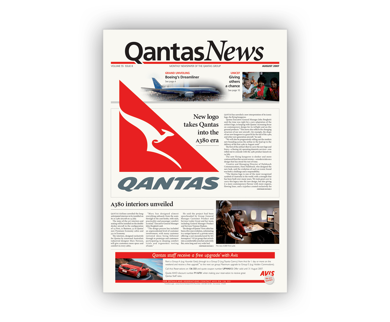 One of the newspaper's cover designs showing a large Qantas logo — part of the brand's major redesign in 2007.