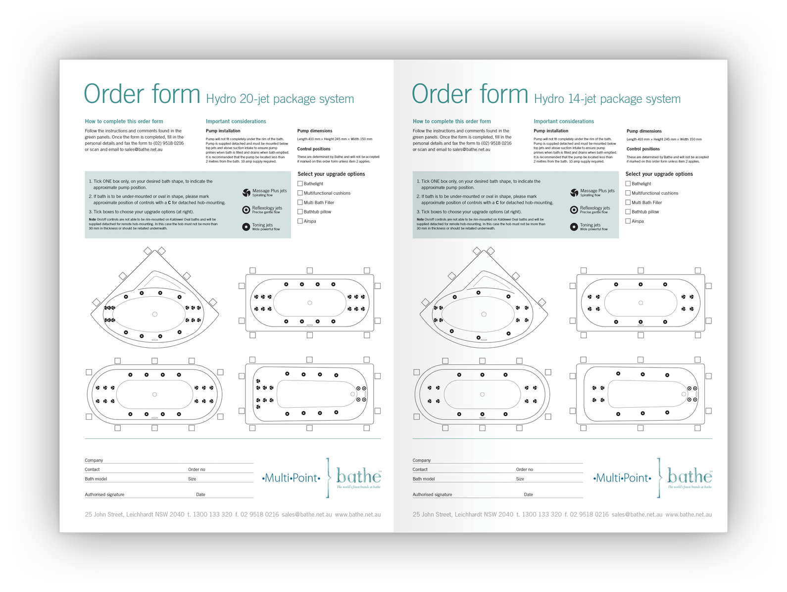 Double-page layout design of order form showing various bath shapes and options for hydrotherapy jet locations.