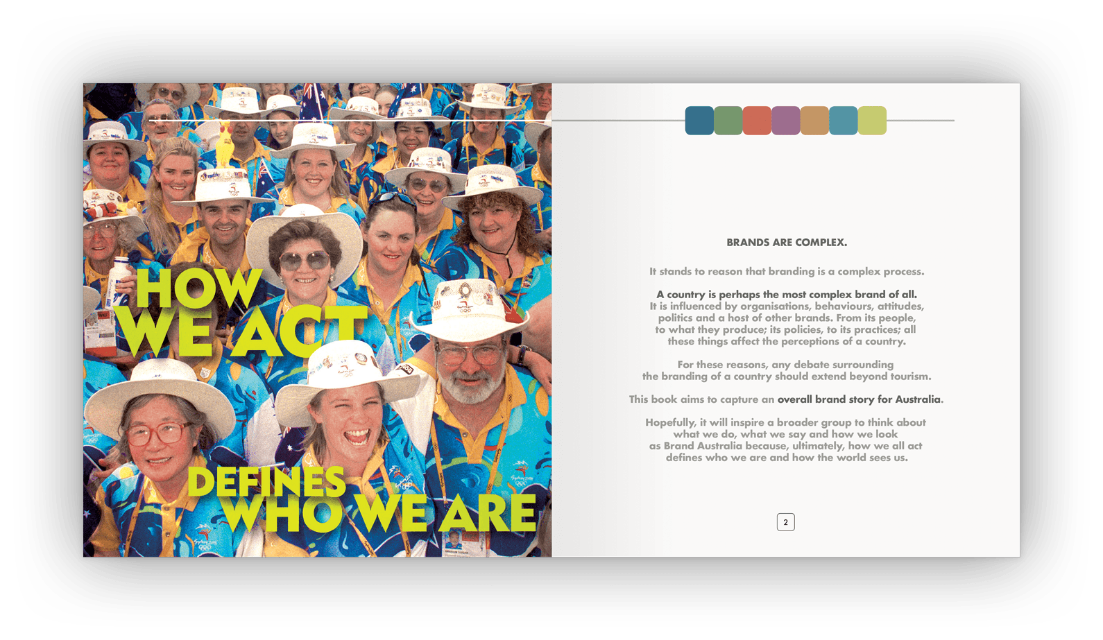 Double-page layout design showing typography overlapping an image of Sydney 2000 Olympics volunteers.