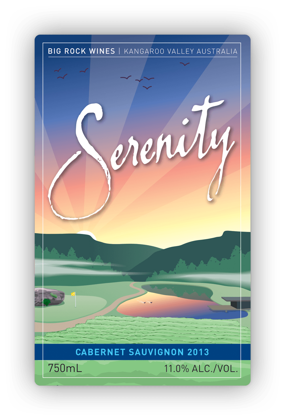 Front label design showing a peaceful sunset, setting over a vista of the Big Rock Wines property.