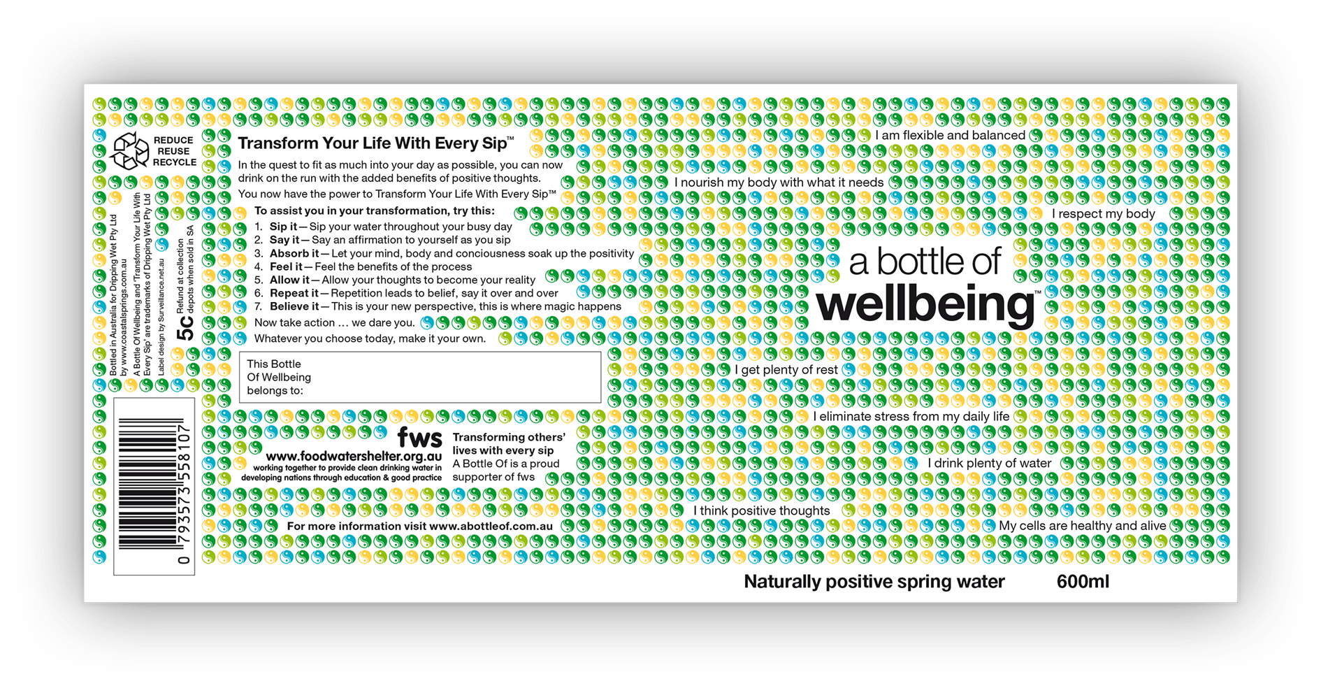 The flattened artwork of A Bottle Of Wellbeing showing front and back details.