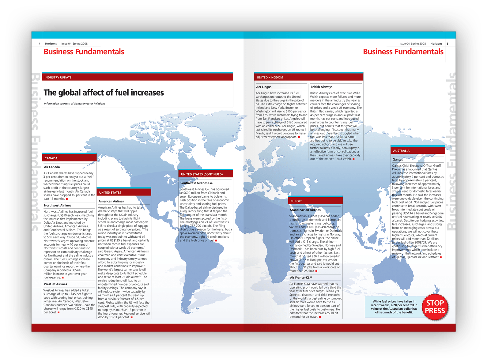 Double-page layout design showing a feature world map with airline-specific reports overlaid.
