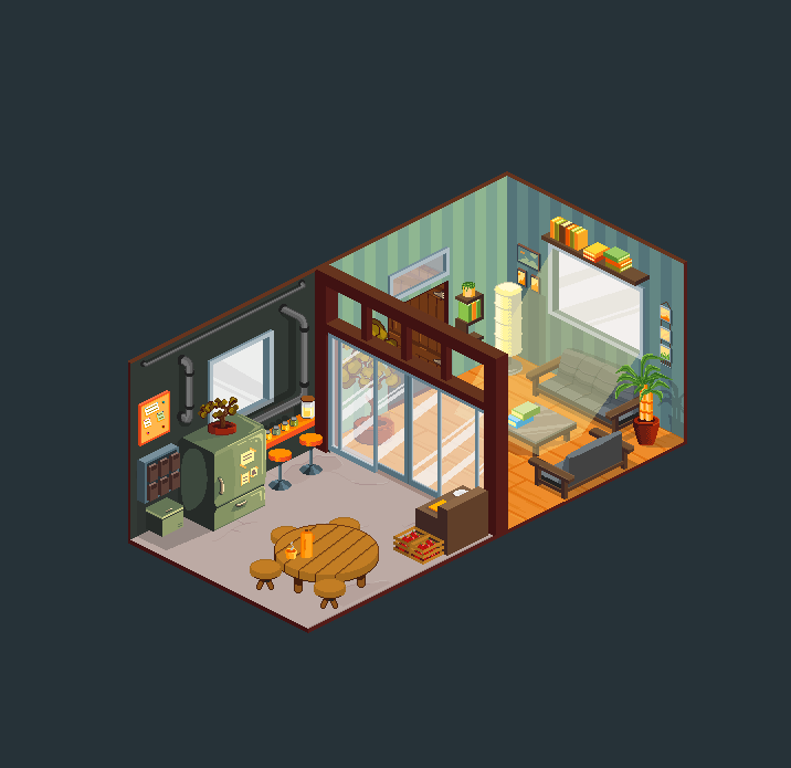 Room design for Online Course:  Pixel Art Master Course - Beginner to Professional/Freelance. The design was made using as a reference some images from the Internet.