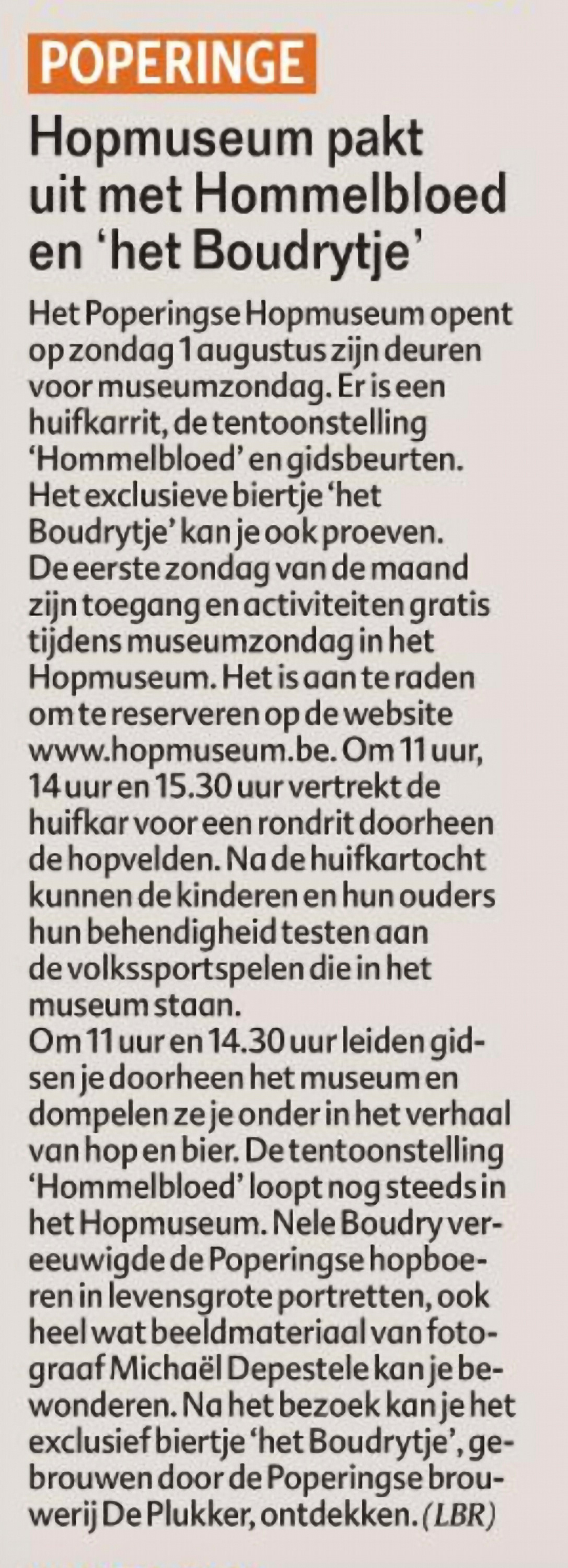 2021 - Het Laatste Nieuws - Hopmuseum pakt uit met hommelbloed en 'het Boudrytje'