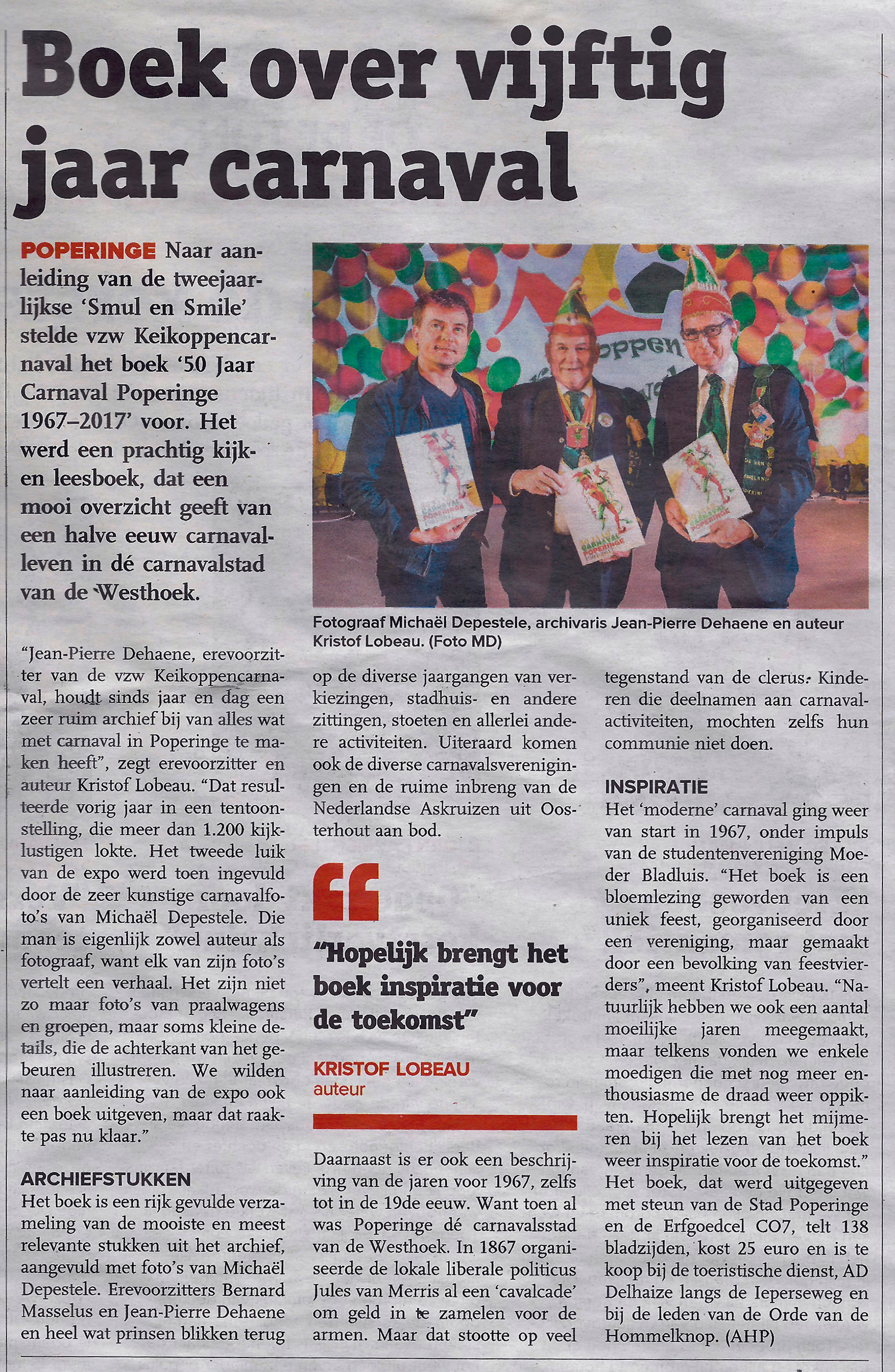 2017 - Krant van West-Vlaanderen - Het Wekelijks Nieuws - Boek over vijftig jaar carnaval
