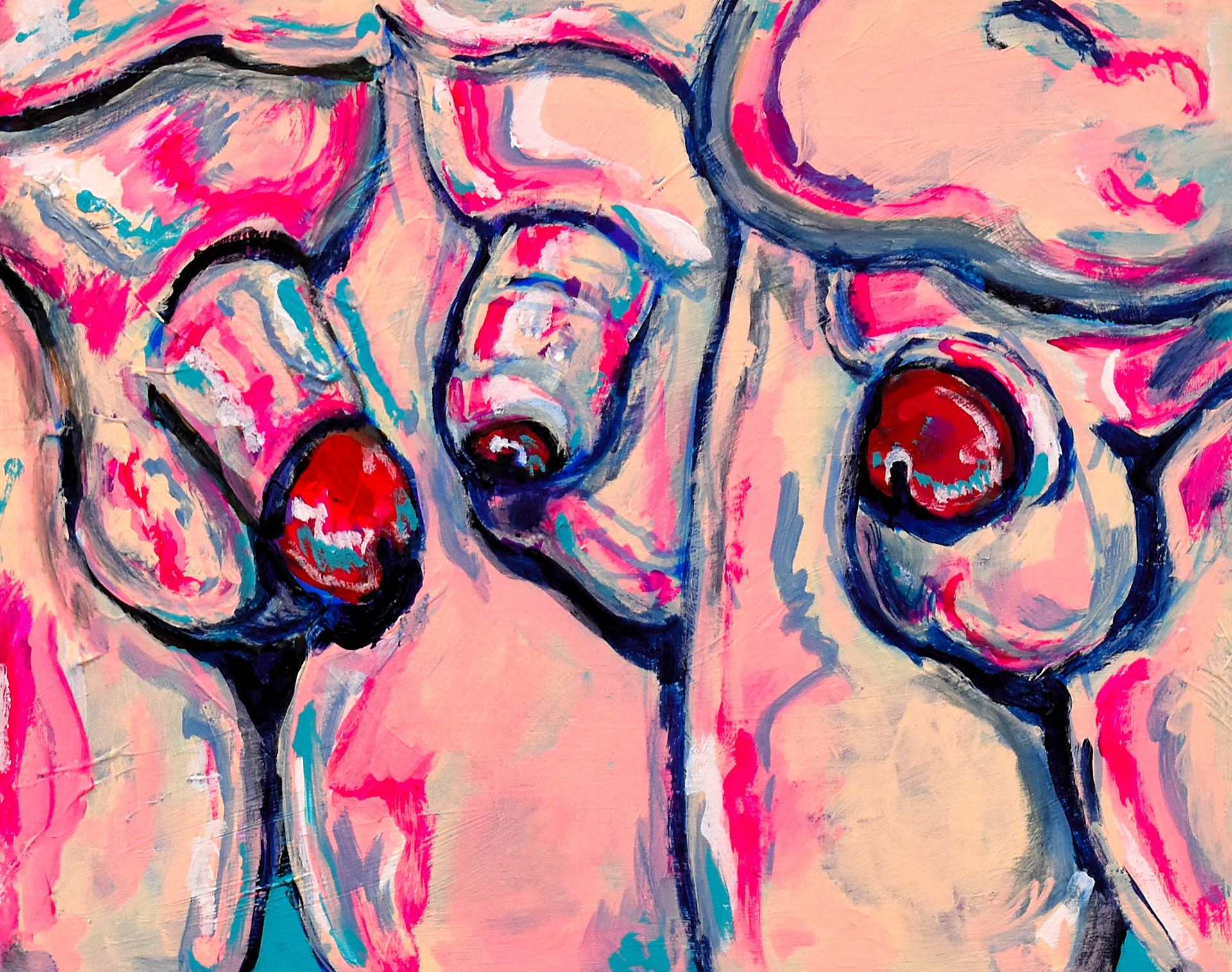 Six Cocks and Some Head I | Acrylic on Wood Panel | 8" x 10" | 2025
