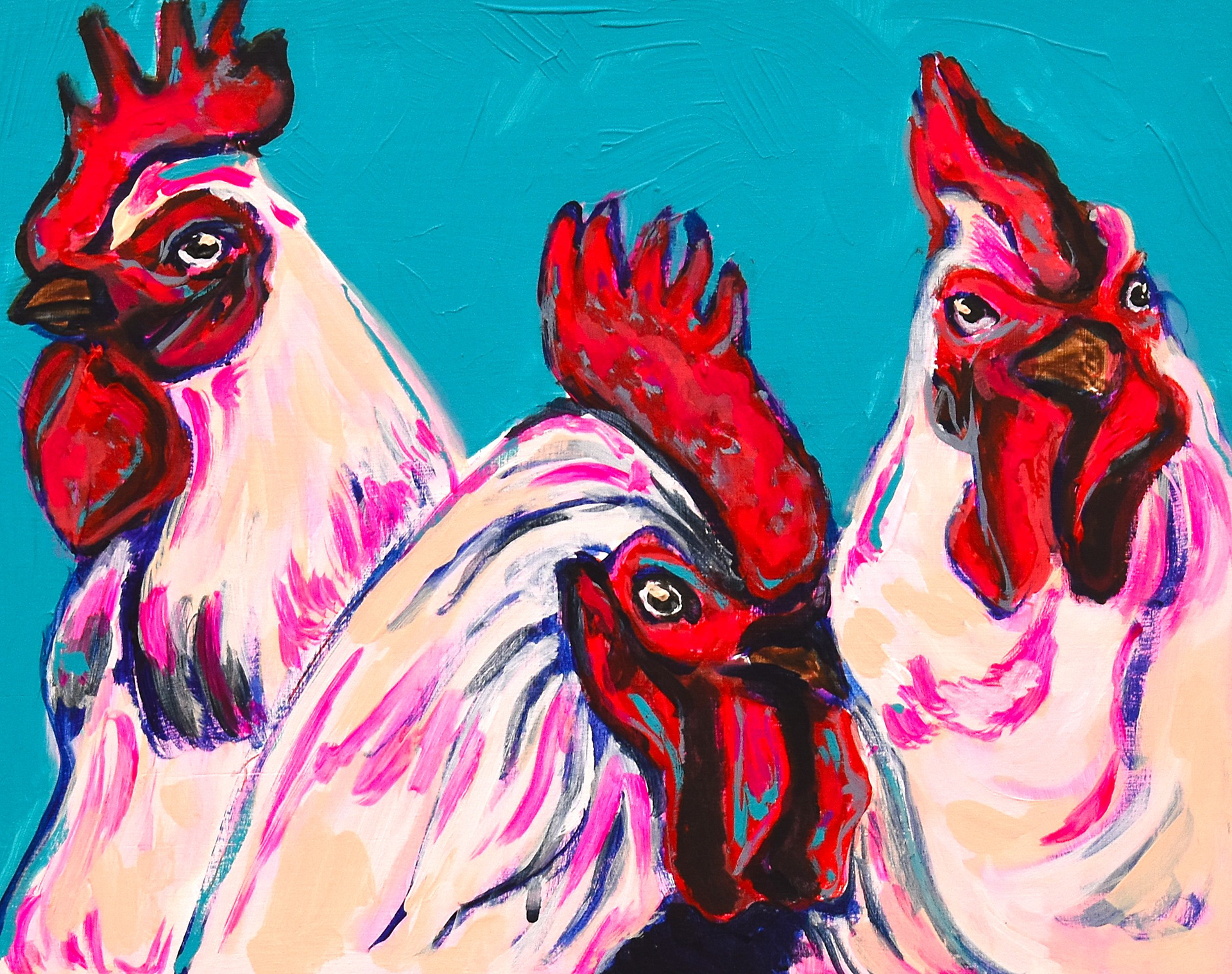 Six Cocks and Some Head II | Acrylic on Wood Panel | 8" x 10" | 2025
