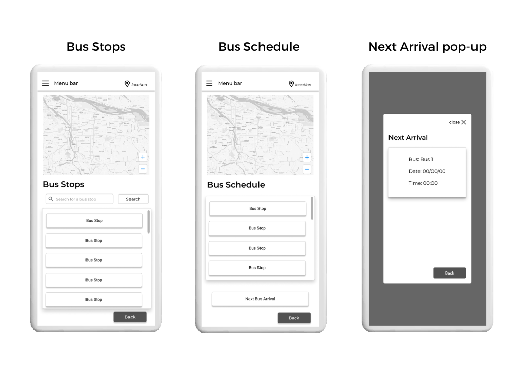 Bus stops page, bus schedule page, and next arrival pop-up