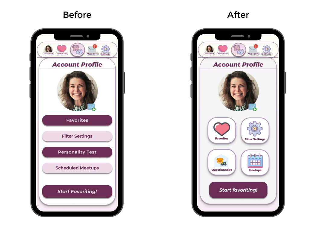 Mockups of account profile before and after