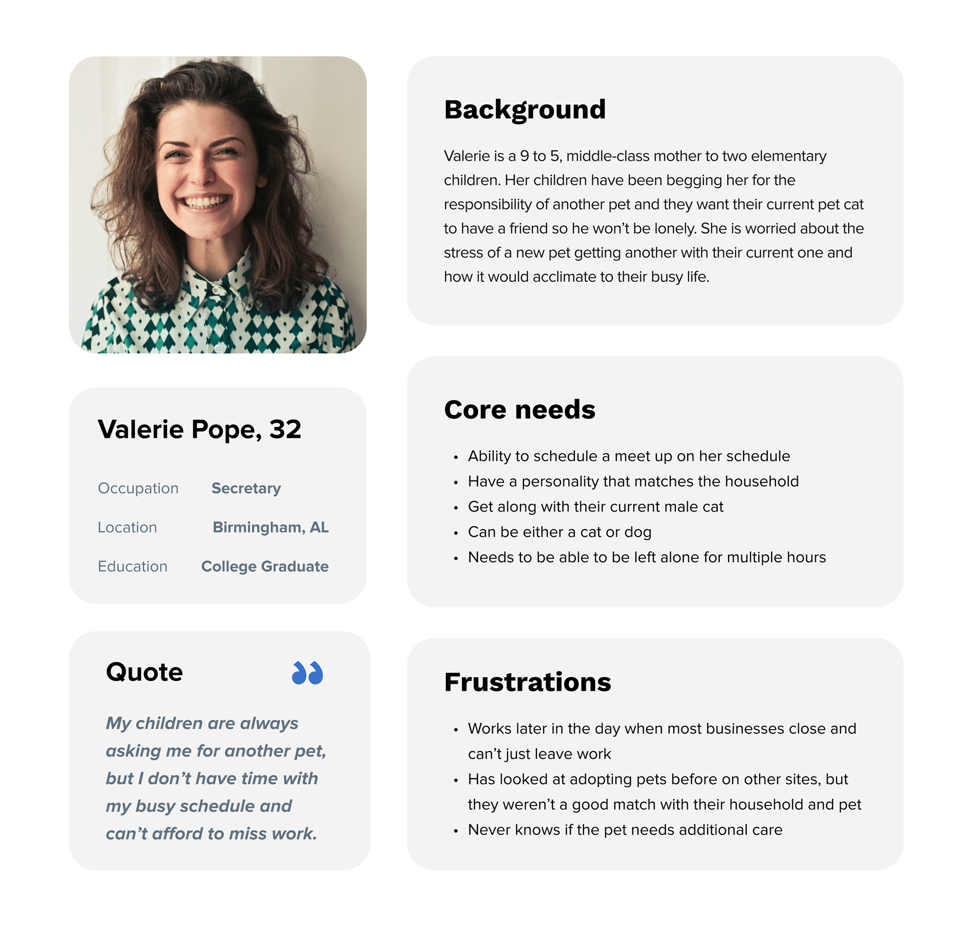 User persona breakdown of Valerie Pope