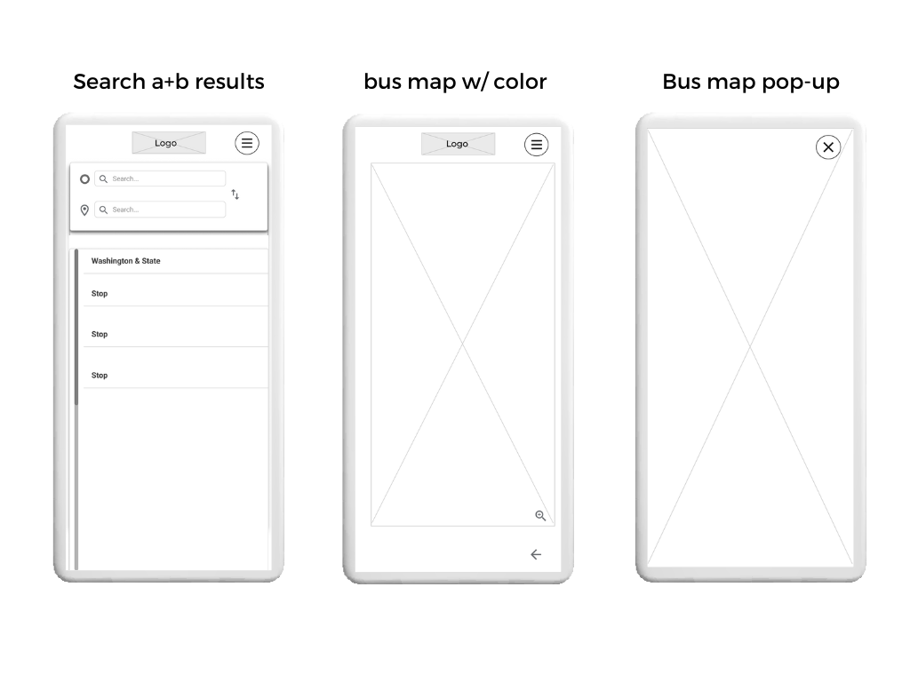 Search a+b results, bus map with color, bus map pop-up