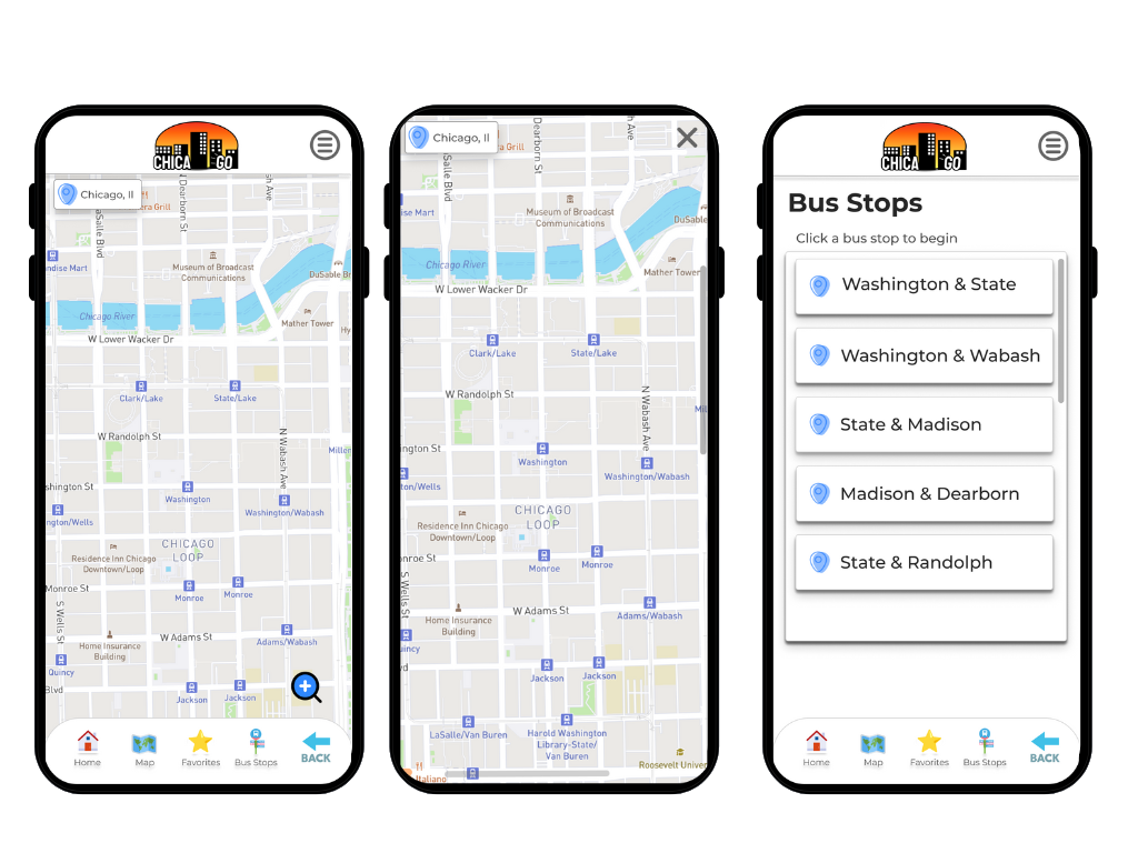 Map, enlarged map, bus stops