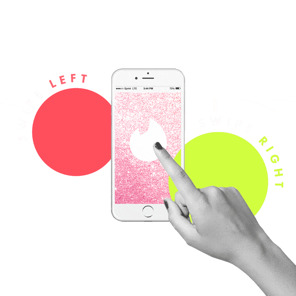 Image of a phone with Tinder icon and a swipe left and swipe right action