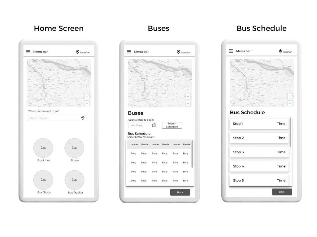 Home screen, buses page, and bus schedule page